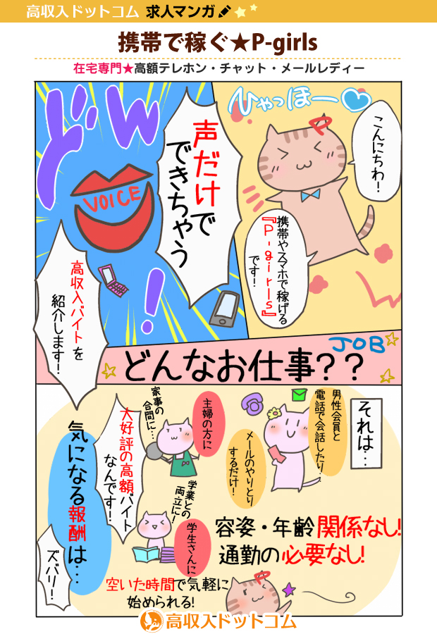 求人マンガ（携帯で稼ぐ★P-girls、大阪ほか、チャットレディ）の1枚目